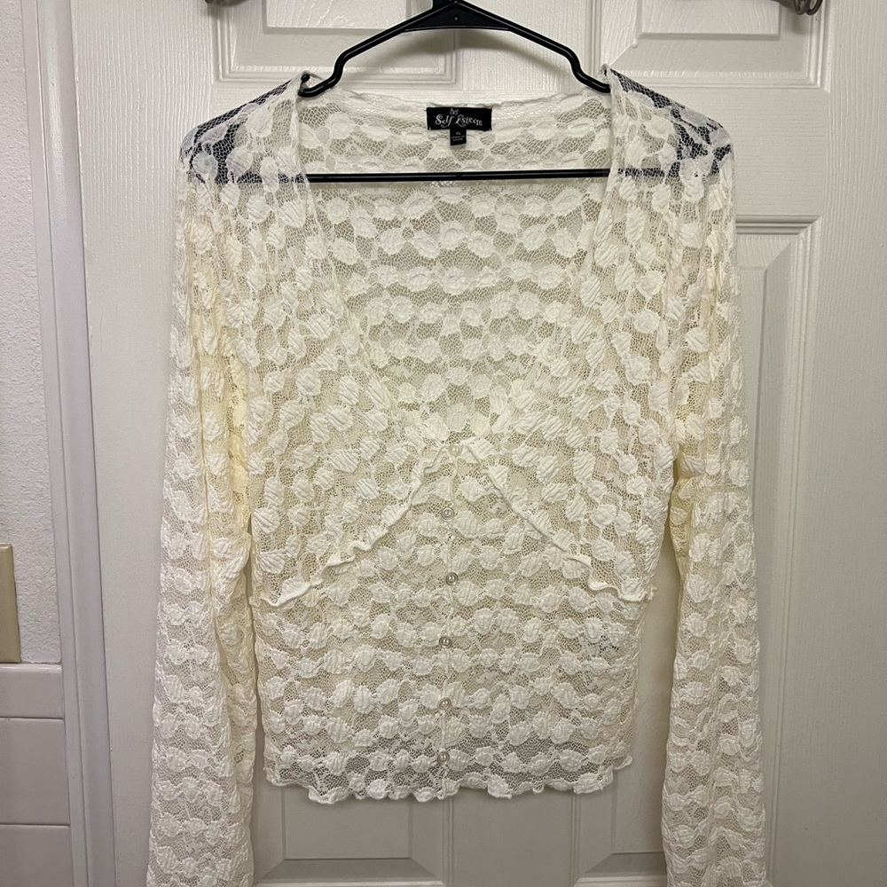 New York & Company Cream Ruffled Blouse